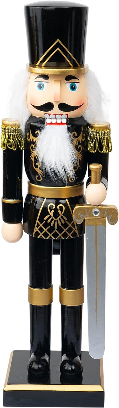 14" Festive Black Soldier Nutcracker - Wooden Decorative Figure with Sword for Holiday Indoor Table & Fireplace Decor
