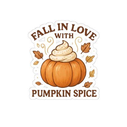Pumpkin Spice Everything Sticker – “Fall in Love with Pumpkin Spice” Autumn Sticker with Whipped Cream Pumpkin & Leaves