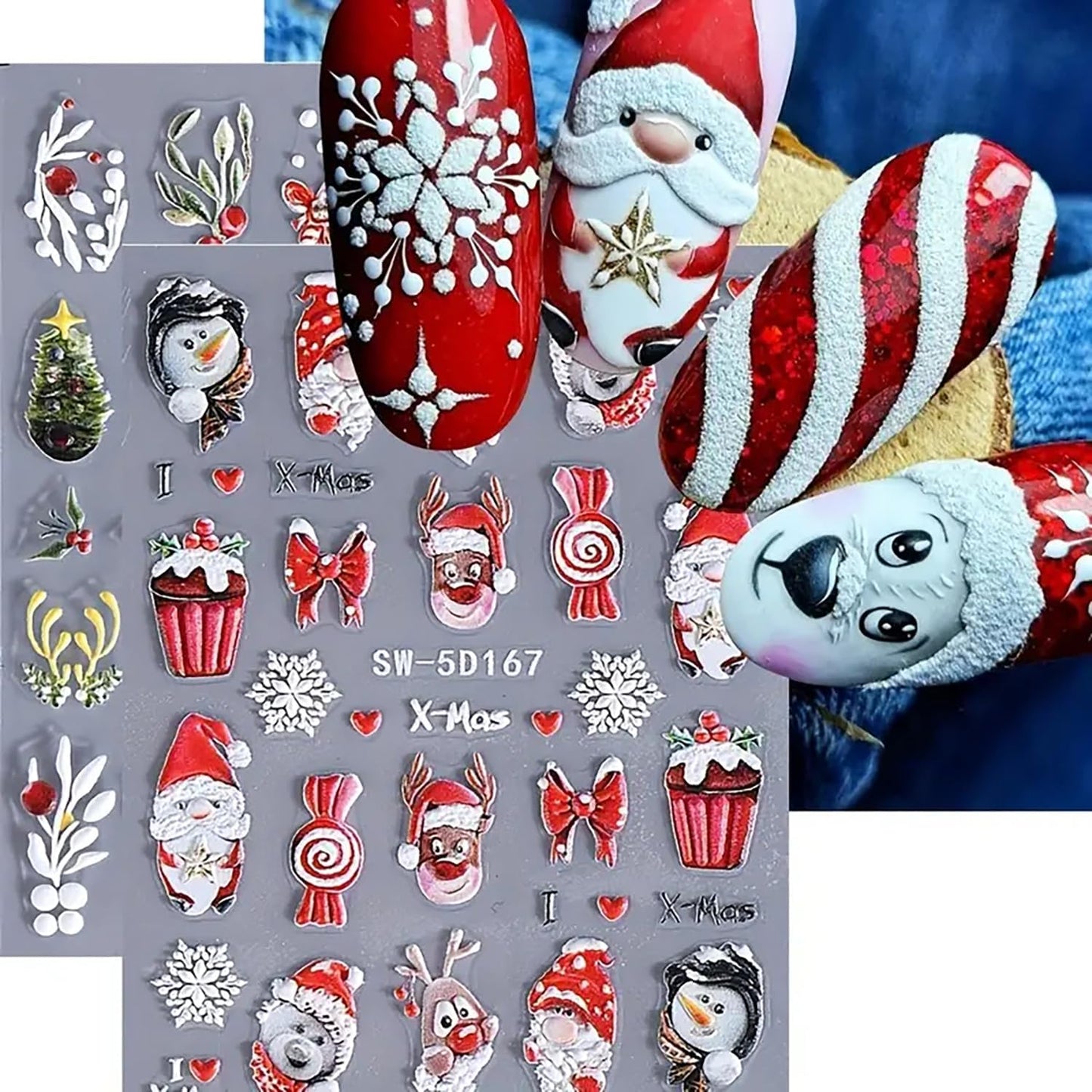 Christmas Nail Art Stickers Decals 5D Embossed Nail Design Stickers Christmas Tree Elk Snowman Nail Stickers Winter Xmas Nail Art Decals Self Adhesive Nail Supplies for Women Nail Decorations, 2Pcs
