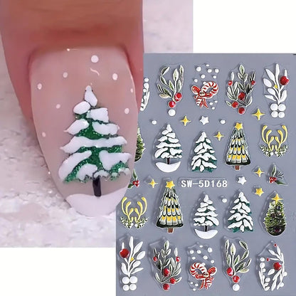 Christmas Nail Art Stickers Decals 5D Embossed Nail Design Stickers Christmas Tree Elk Snowman Nail Stickers Winter Xmas Nail Art Decals Self Adhesive Nail Supplies for Women Nail Decorations, 2Pcs