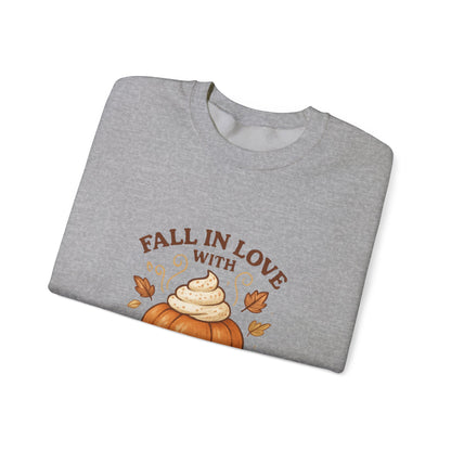 Pumpkin Spice Fall Sweatshirt – “Fall in Love with Pumpkin Spice” Cozy Crewneck with Whipped Cream Pumpkin & Leaves