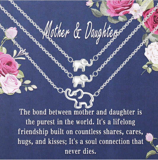 18K White Gold Plated Elephant Mother Daughter Necklace Matching Jewelry Set for Women Mom Mommy Grandma Granddaughter Pendant Chain Accessories Stuff Age Birthday Mother'S Day Jewelry Gifts