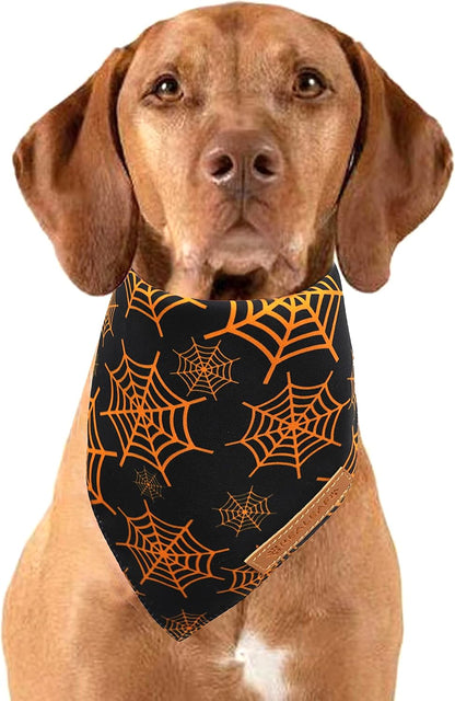 Spooktacular Halloween Dog Bandanas - 2 Pack of Reversible Pumpkin & Spider Web Bibs for Large Pets, Premium Durable Fabric, Adjustable Fit