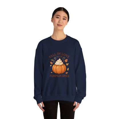 Pumpkin Spice Fall Sweatshirt – “Fall in Love with Pumpkin Spice” Cozy Crewneck with Whipped Cream Pumpkin & Leaves