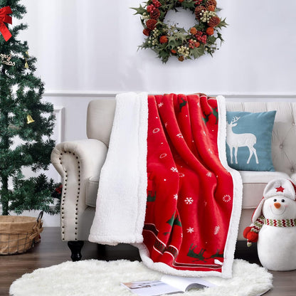 Cozy Christmas Sherpa Fleece Throw Blanket - Super Soft Reversible Plush Blanket for Bed & Sofa, 50"x60", Festive Red