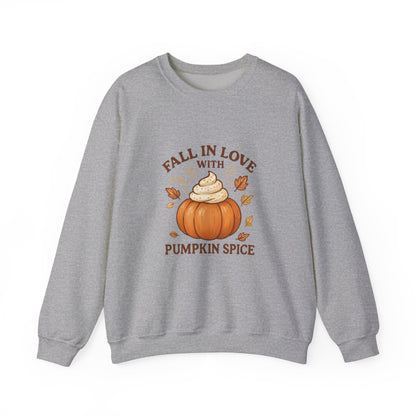 Pumpkin Spice Fall Sweatshirt – “Fall in Love with Pumpkin Spice” Cozy Crewneck with Whipped Cream Pumpkin & Leaves