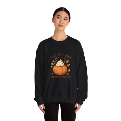 Pumpkin Spice Fall Sweatshirt – “Fall in Love with Pumpkin Spice” Cozy Crewneck with Whipped Cream Pumpkin & Leaves