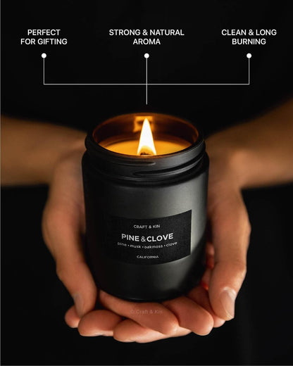 Premium Pine & Clove Candle | Black Christmas Scented Candles for Home | Christmas Tree Candle | Long Lasting with 45 Hour Burn Time, 7.6Oz | Soy Holiday Candles | Aromatherapy at Home