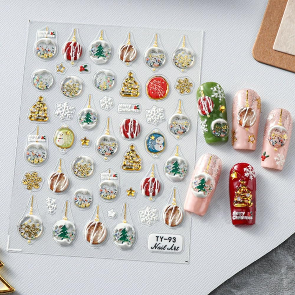5D Embossed Christmas Nail Stickers Xmas Crystal Ball Nail Sticker Christmas Nail Decals for Nail Art Supplies Winter Snowfalkes Snowman Christmas Tree Holiday Nail Art Stickers Nail Accessories