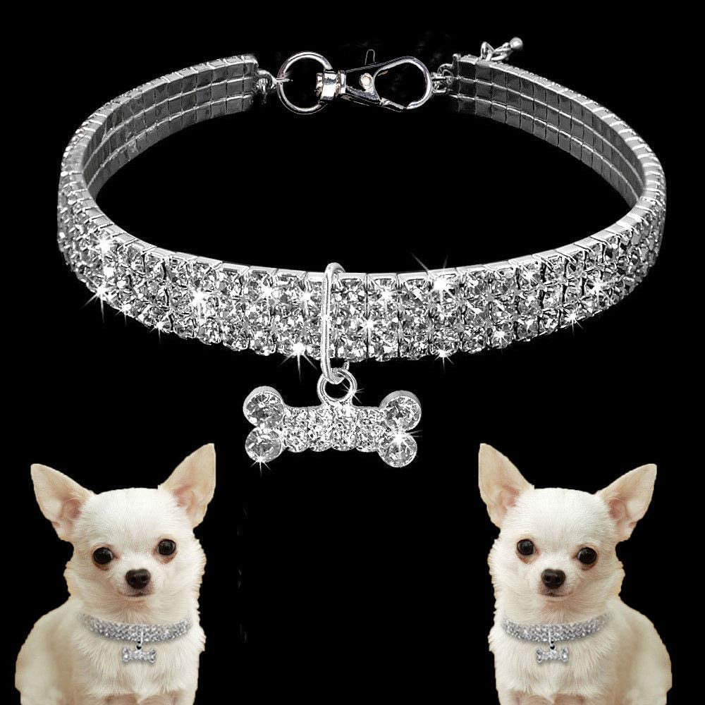 Amazing 3 Rows Rhinestones Necklace Pet Cat Dog Collar Bling Rhinestone Bone Jewelry Party Wedding Accessories,White,M:10-12" Neck