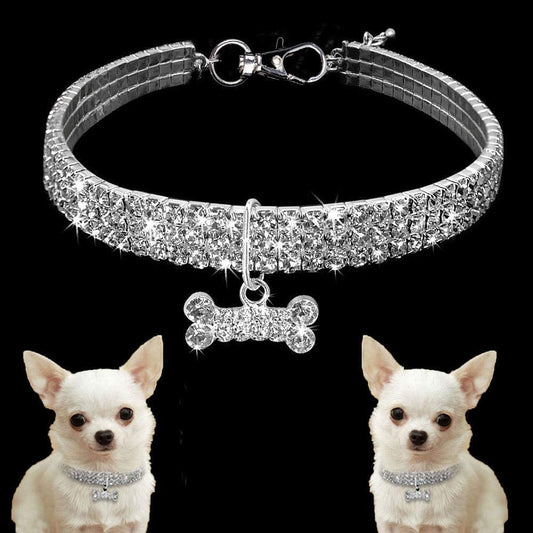 Amazing 3 Rows Rhinestones Necklace Pet Cat Dog Collar Bling Rhinestone Bone Jewelry Party Wedding Accessories,White,M:10-12" Neck