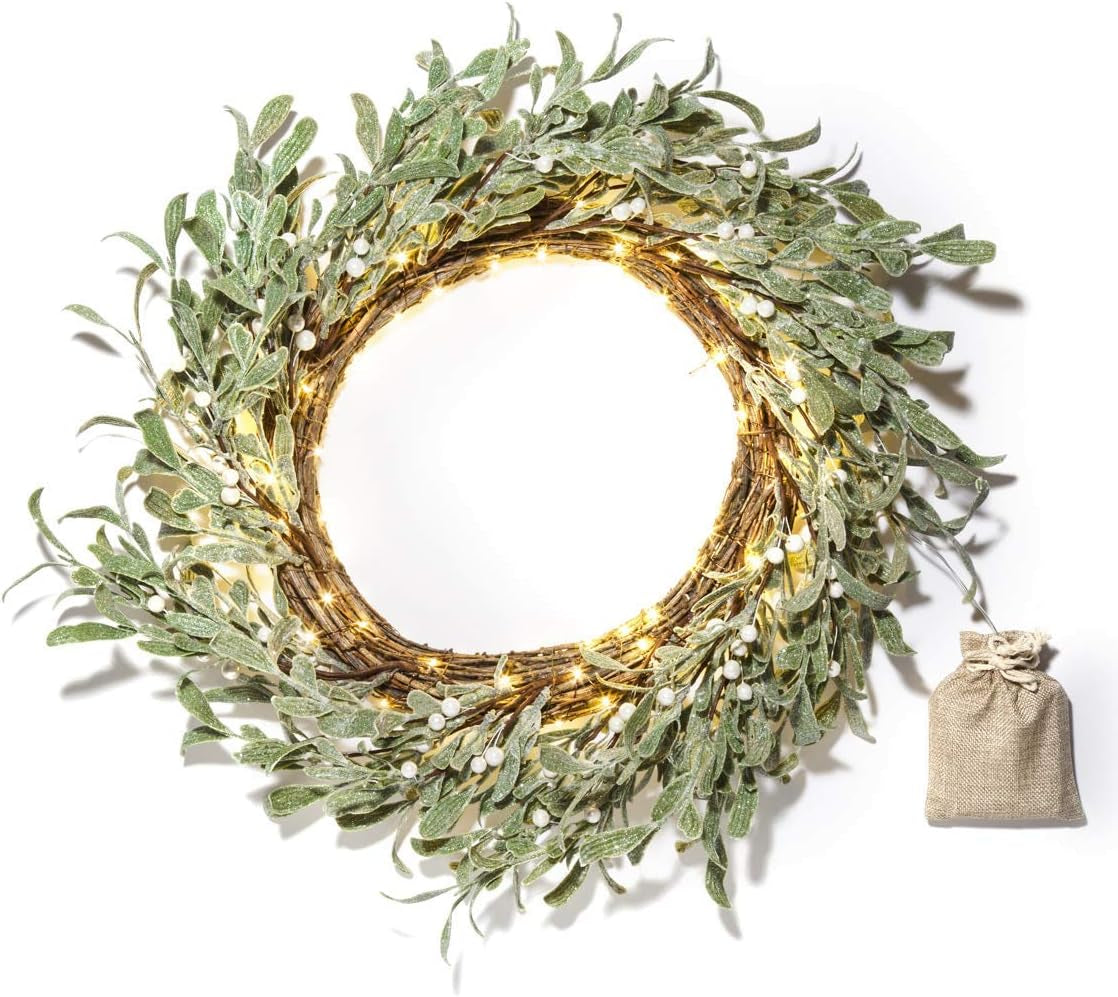 Winter Wreaths for Front Door Outside, 20 Inch Flocked Wreath with Mistletoe & Pearly White Berries, 75 LED Lights, Battery Powered, Timer, Farmhouse Wreath, Winter Wreaths for Indoors
