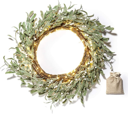 Winter Wreaths for Front Door Outside, 20 Inch Flocked Wreath with Mistletoe & Pearly White Berries, 75 LED Lights, Battery Powered, Timer, Farmhouse Wreath, Winter Wreaths for Indoors