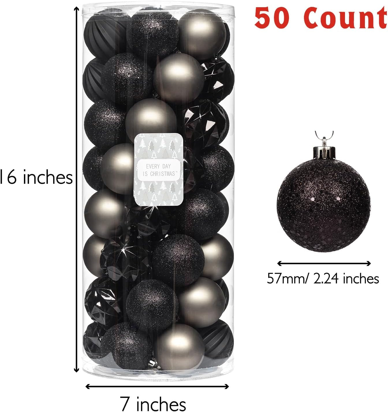 Ornaments, Shatterproof Christmas Tree Ornament Set, Christmas Balls Decoration 50 Count (2.24"/57Mm, Black Grey)