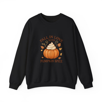 Pumpkin Spice Fall Sweatshirt – “Fall in Love with Pumpkin Spice” Cozy Crewneck with Whipped Cream Pumpkin & Leaves