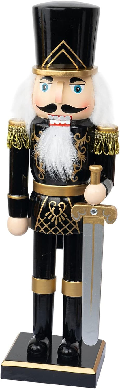14" Festive Black Soldier Nutcracker - Wooden Decorative Figure with Sword for Holiday Indoor Table & Fireplace Decor