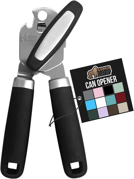 Heavy Duty Stainless Steel Smooth Edge Manual Can Opener and Bottle Openers, Soft Comfortable Handle, Oversized Handheld Turn Knob, US Designed Multifunctional Kitchen Tool, Black