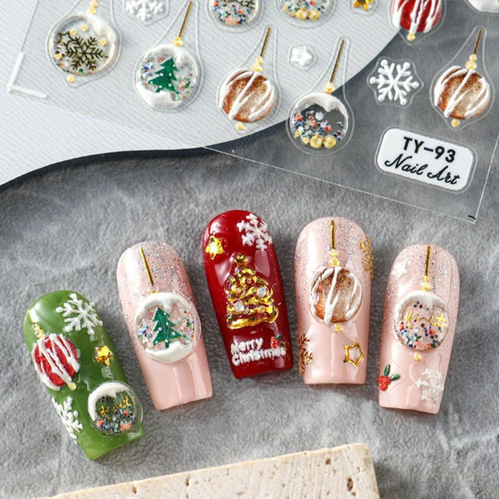 5D Embossed Christmas Nail Stickers Xmas Crystal Ball Nail Sticker Christmas Nail Decals for Nail Art Supplies Winter Snowfalkes Snowman Christmas Tree Holiday Nail Art Stickers Nail Accessories
