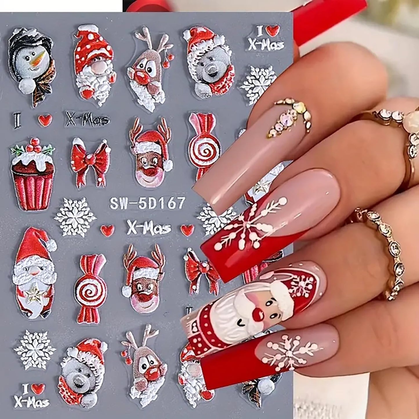 Christmas Nail Art Stickers Decals 5D Embossed Nail Design Stickers Christmas Tree Elk Snowman Nail Stickers Winter Xmas Nail Art Decals Self Adhesive Nail Supplies for Women Nail Decorations, 2Pcs