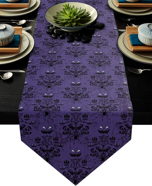 Spooky Elegance: Halloween Black Spider Web Bat Table Runner - 13 x 108 Inches Cotton Linen for Festive Home Decor