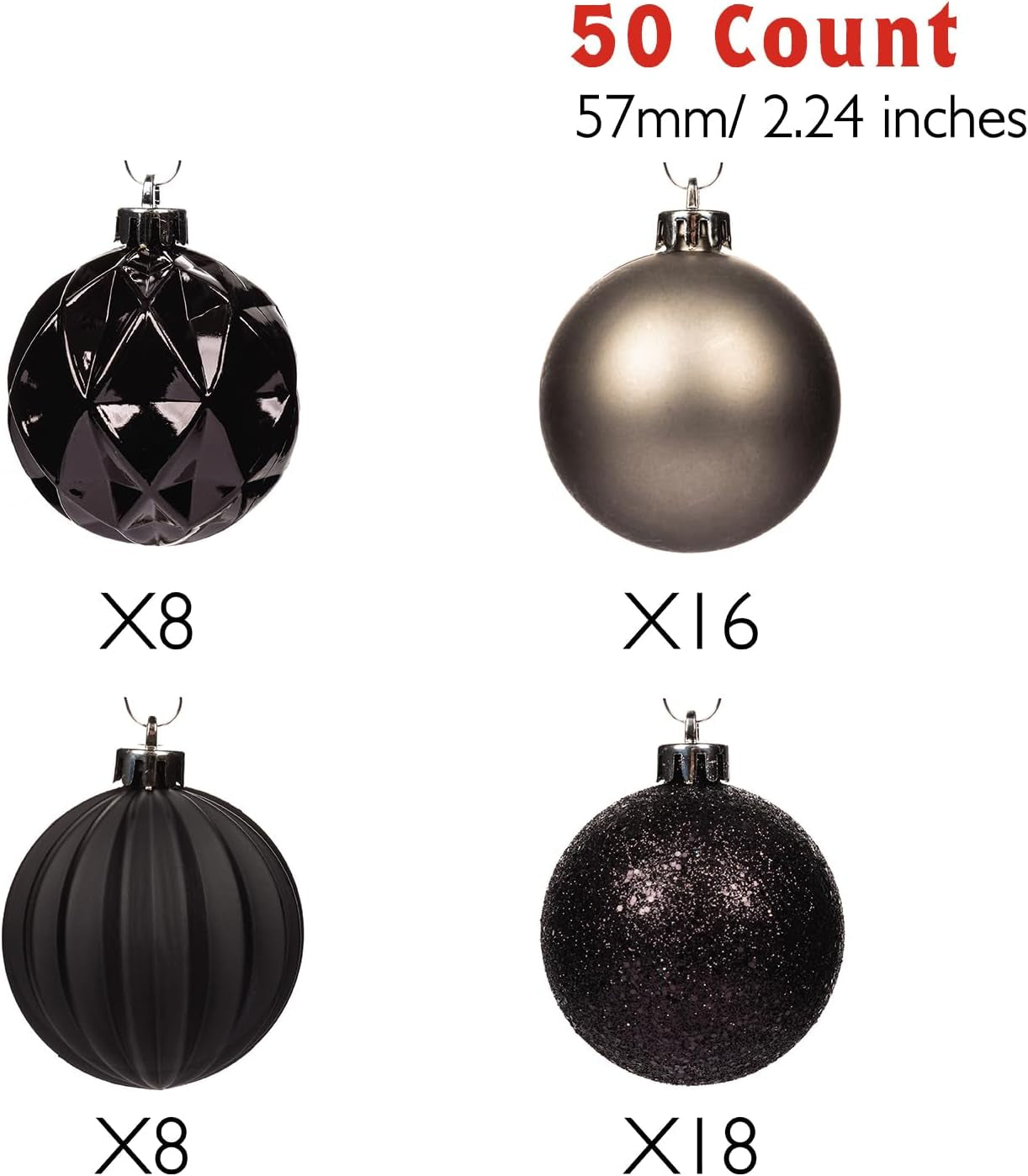 Ornaments, Shatterproof Christmas Tree Ornament Set, Christmas Balls Decoration 50 Count (2.24"/57Mm, Black Grey)