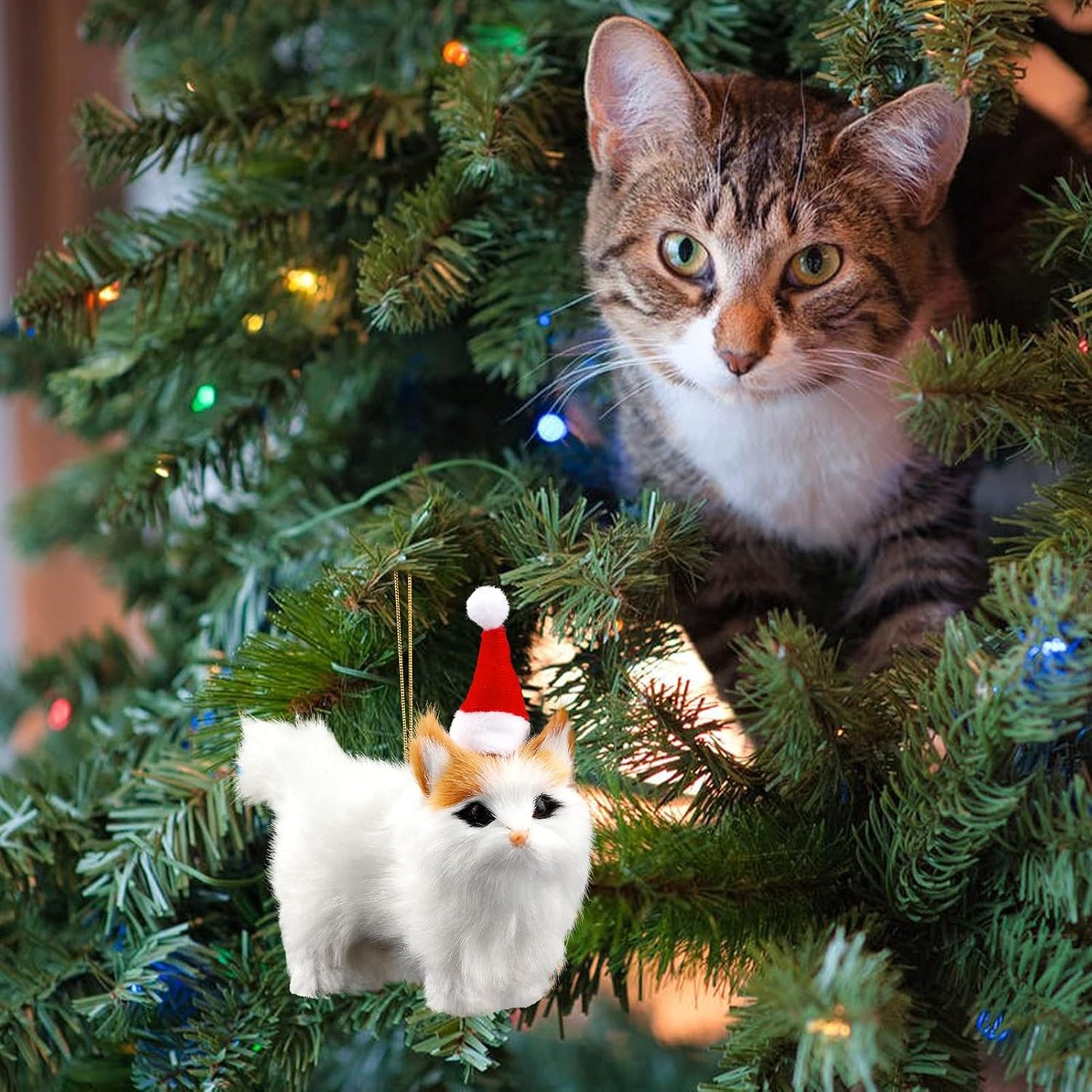 Christmas Cat Ornament with Hat, Mini Plush Kitten Ornaments for Christmas Tree Decoration for Cat Lovers
