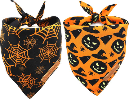 Spooktacular Halloween Dog Bandanas - 2 Pack of Reversible Pumpkin & Spider Web Bibs for Large Pets, Premium Durable Fabric, Adjustable Fit