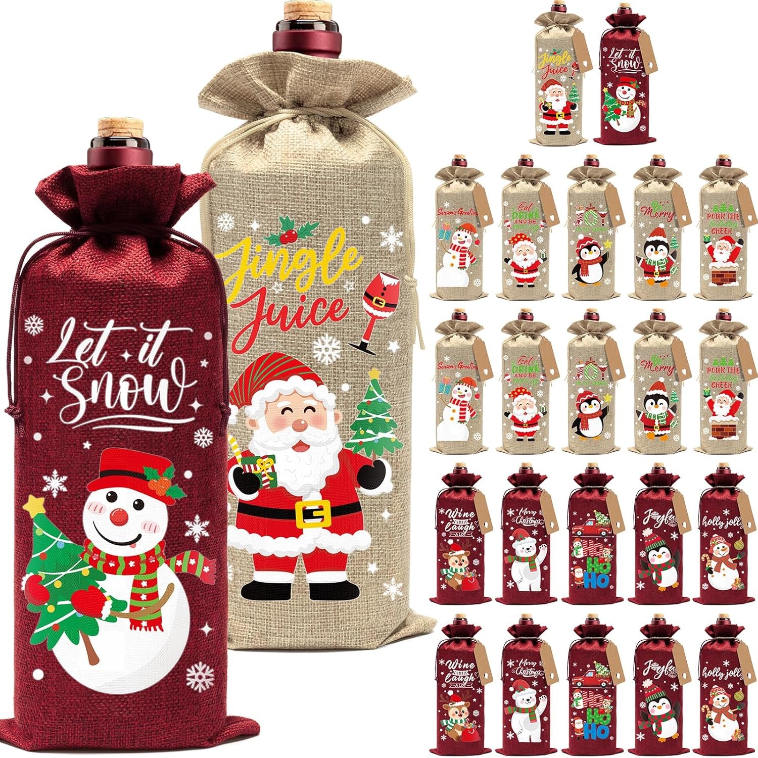 24Pcs Burlap Wine Bags Christmas Wine Gift Bags for Bottles Gifts, Christmas Bottle Bag with Drawstring Holiday Bag, Xmas Bottle Covers for Xmas New Year Holiday Party Decor