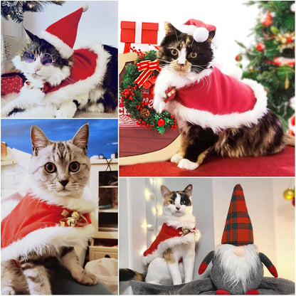 Cat Christmas Costume, Cat Santa Hat with Cloak Set, Small Dog Christmas Warm Coat, Xmas Hat Outfits for Rabbit, Red Kitten Clothes New Year Apparel, Adjustable