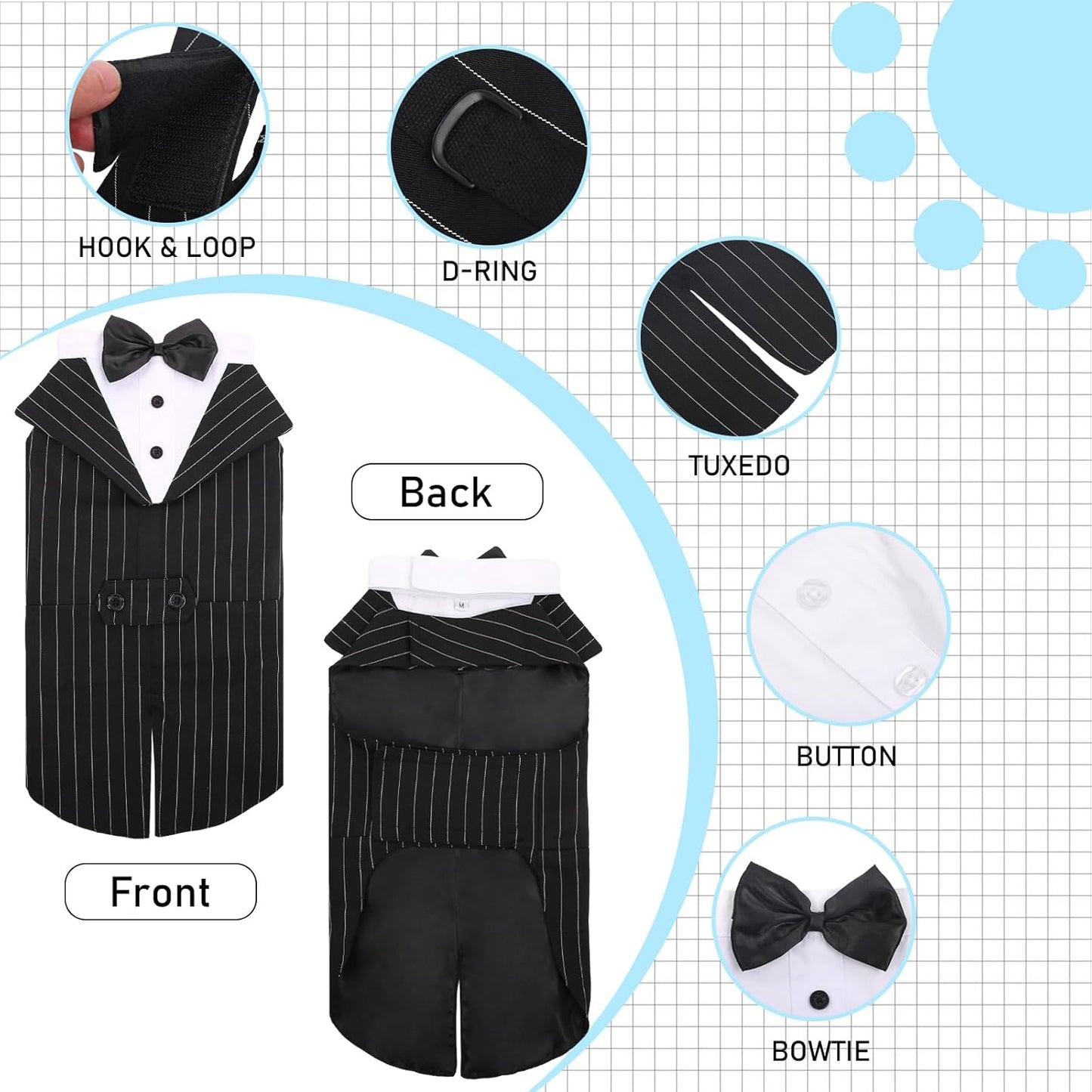 Dog Tuxedo for Large Dogs, Dog Suit and Bowtie, Formal Dogs Wedding Outfit, Pet Tuxedo and Bandana Set Valentines Birthday Christmas Party Costumes for Labrador Golden Retriever, Stripe,Xl