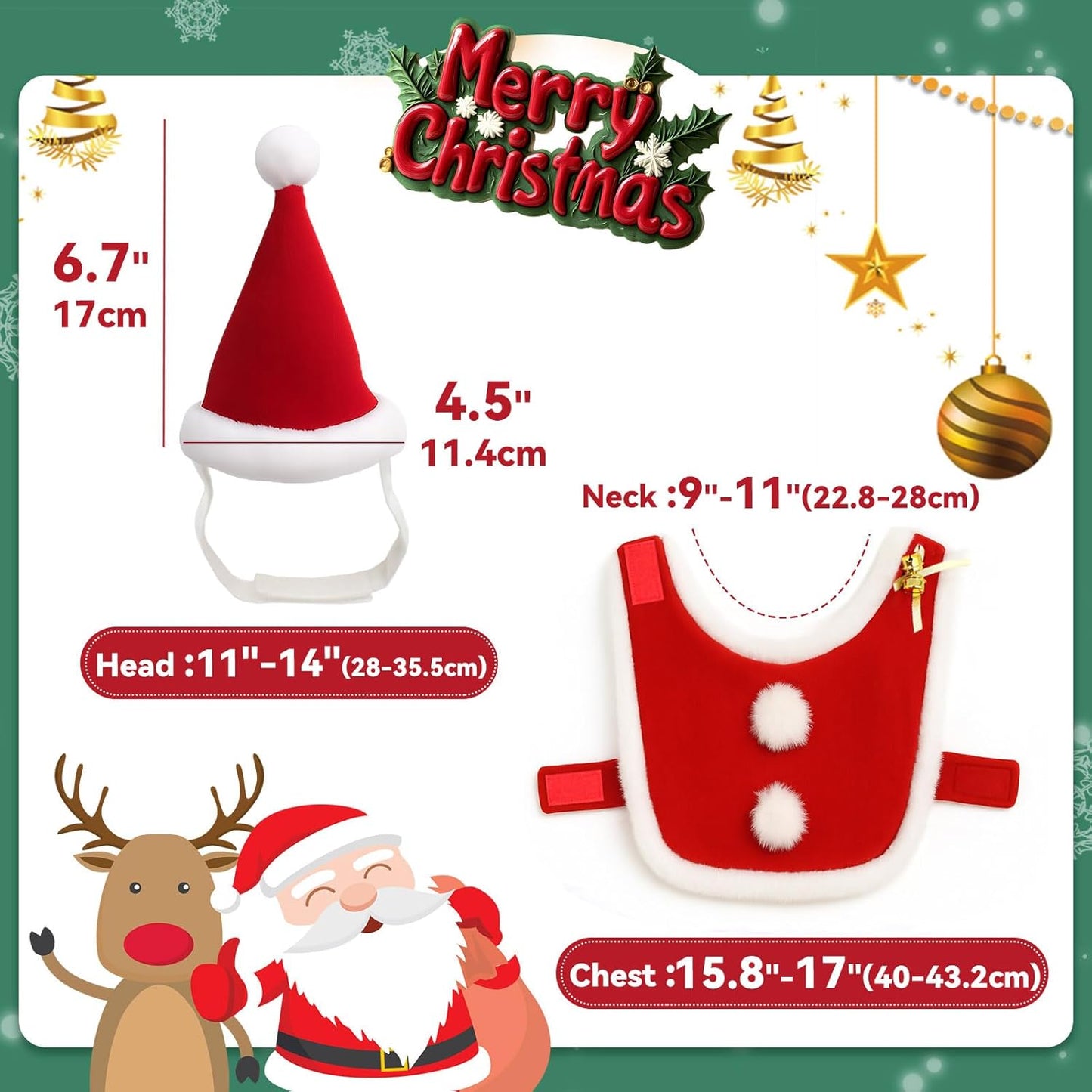 Cat Christmas Costume, Cat Santa Hat with Cloak Set, Small Dog Christmas Warm Coat, Xmas Hat Outfits for Rabbit, Red Kitten Clothes New Year Apparel, Adjustable