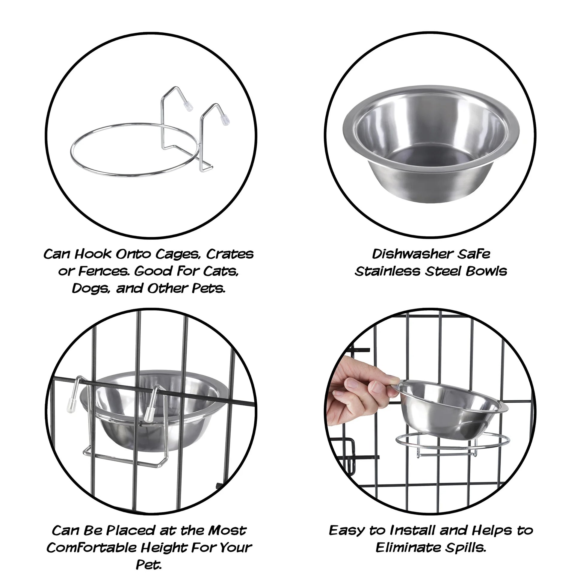 Set of 2 Stainless-Steel Hanging Dog Bowls - 20Oz Each