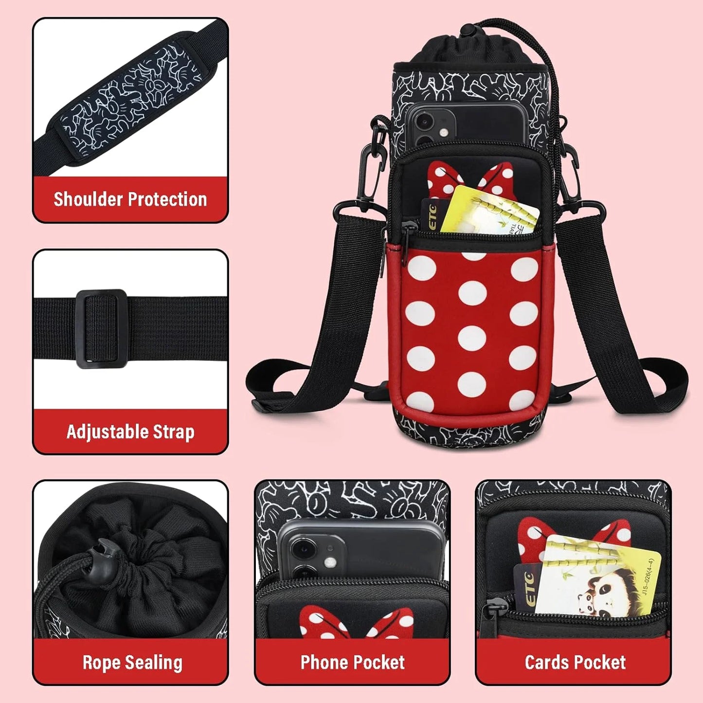 Cartoon Mouse Water Bottle Sleeve Cup Carrier Bag for 16/20/24/30/32/40 OZ Insulted Tumbler Holder with Strap for Women Girl Hiking Camping