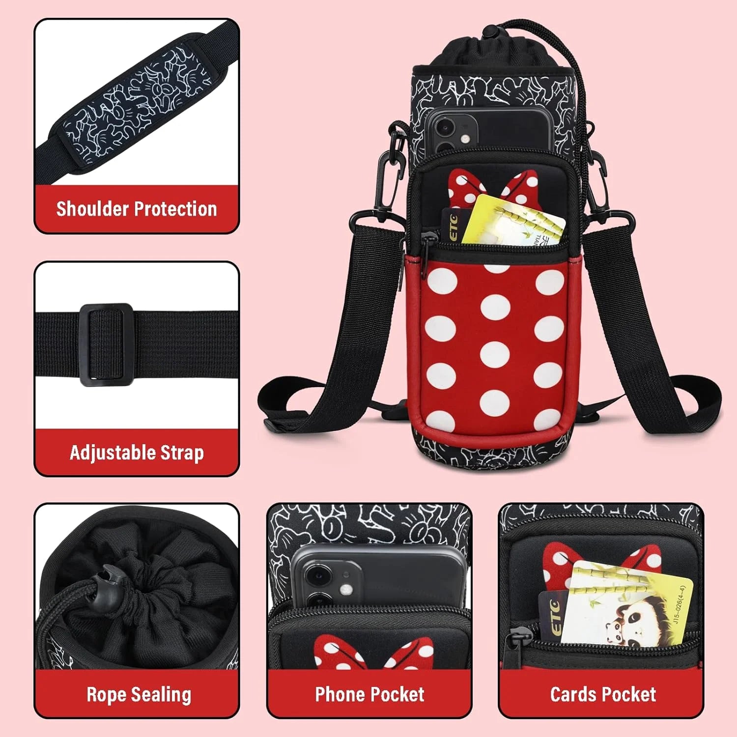 Cartoon Mouse Water Bottle Sleeve Cup Carrier Bag for 16/20/24/30/32/40 OZ Insulted Tumbler Holder with Strap for Women Girl Hiking Camping