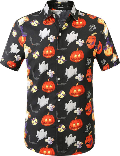 Stylish Men's Halloween Pumpkin Button-Down Shirt - Lightweight Short Sleeve Casual Wear