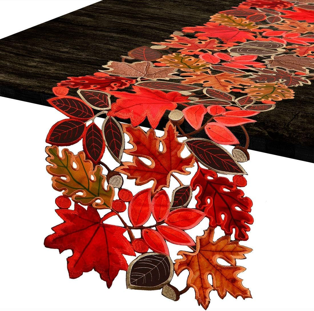 Elegant Embroidered Leaves Table Runner - Perfect for Thanksgiving & Autumn Decor (14 × 70 Inches)