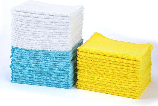Microfiber Cleaning Cloths, Non-Abrasive, Reusable and Washable, Pack of 48, Blue/White/Yellow, 16" X 12"