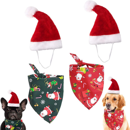 Merry Christmas Dog Bandana Reversible Trianqle Bibs Scarf,Adjustable Christmas Santa Hat for Dogs (Green Red)