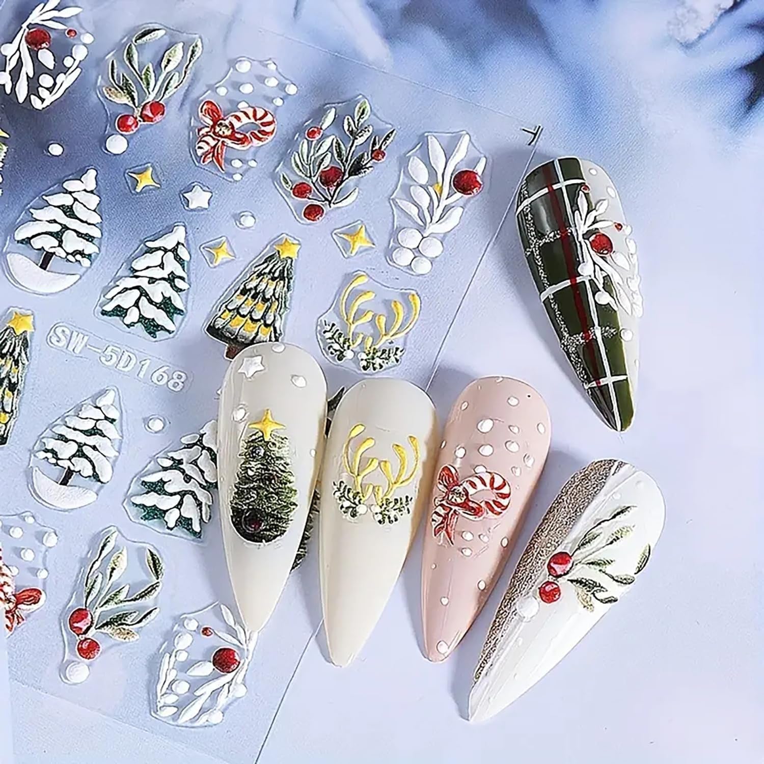 Christmas Nail Art Stickers Decals 5D Embossed Nail Design Stickers Christmas Tree Elk Snowman Nail Stickers Winter Xmas Nail Art Decals Self Adhesive Nail Supplies for Women Nail Decorations, 2Pcs