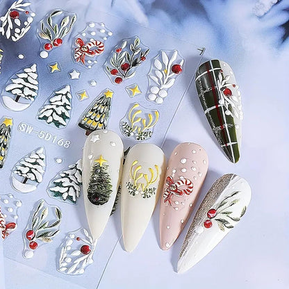 Christmas Nail Art Stickers Decals 5D Embossed Nail Design Stickers Christmas Tree Elk Snowman Nail Stickers Winter Xmas Nail Art Decals Self Adhesive Nail Supplies for Women Nail Decorations, 2Pcs