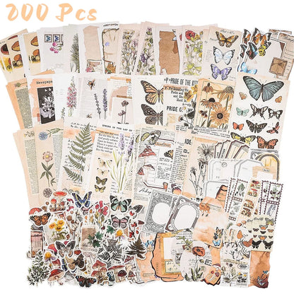 200 Pieces Vintage Scrapbooking Stickers DIY Paper Stickers Craft Kits Scrapbook Supplies Pack for Art Journaling Bullet Junk Journal Planners
