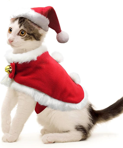 Cat Christmas Costume, Cat Santa Hat with Cloak Set, Small Dog Christmas Warm Coat, Xmas Hat Outfits for Rabbit, Red Kitten Clothes New Year Apparel, Adjustable