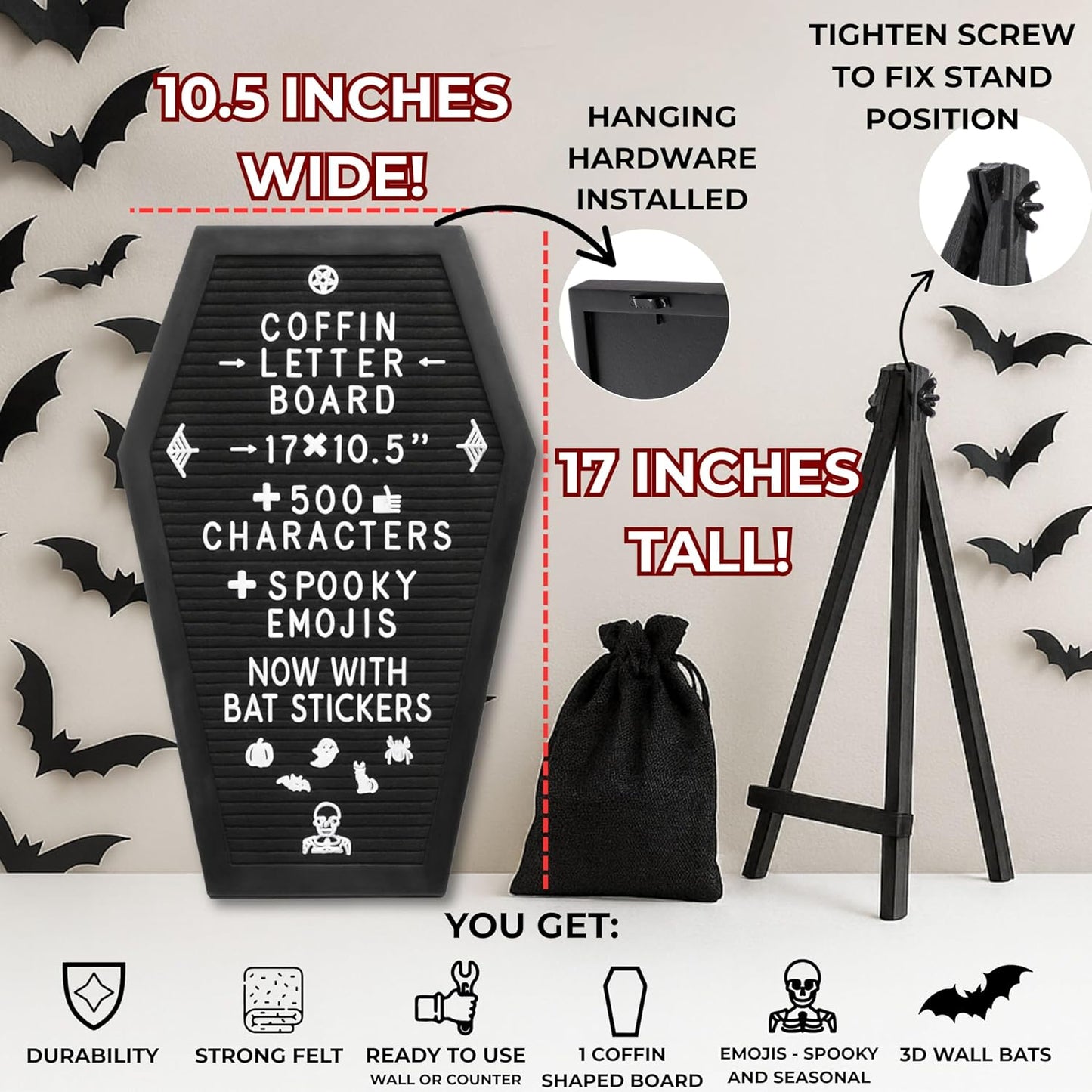 Coffin Shaped Letter Board with 3D Bat Stickers - 650 Characters & Spooky Emojis - Perfect Gothic Decor for Halloween, Weddings, Birthdays & Home - 17x10.5 Inches