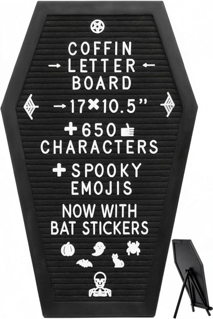 Coffin Shaped Letter Board with 3D Bat Stickers - 650 Characters & Spooky Emojis - Perfect Gothic Decor for Halloween, Weddings, Birthdays & Home - 17x10.5 Inches
