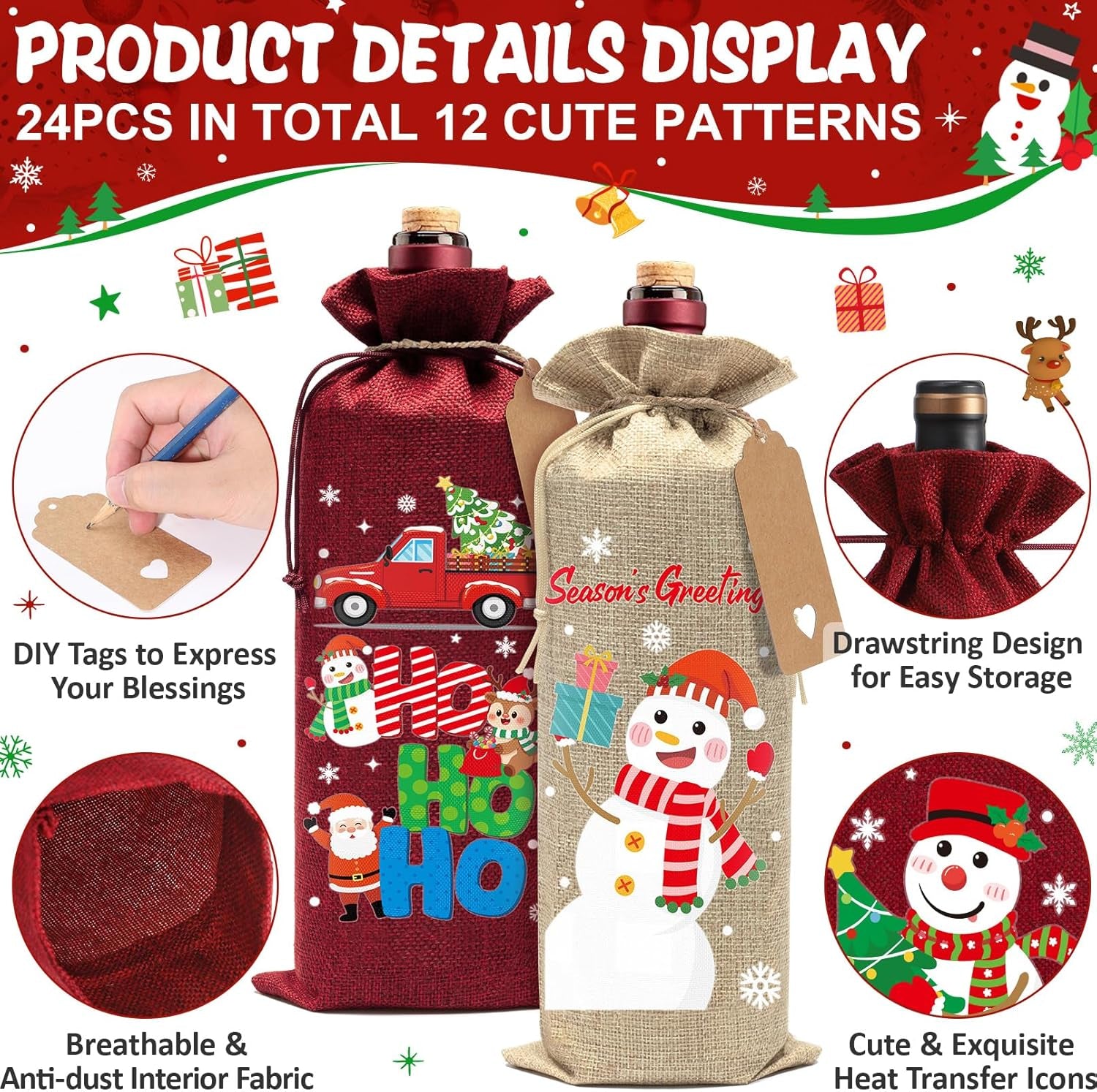 24Pcs Burlap Wine Bags Christmas Wine Gift Bags for Bottles Gifts, Christmas Bottle Bag with Drawstring Holiday Bag, Xmas Bottle Covers for Xmas New Year Holiday Party Decor