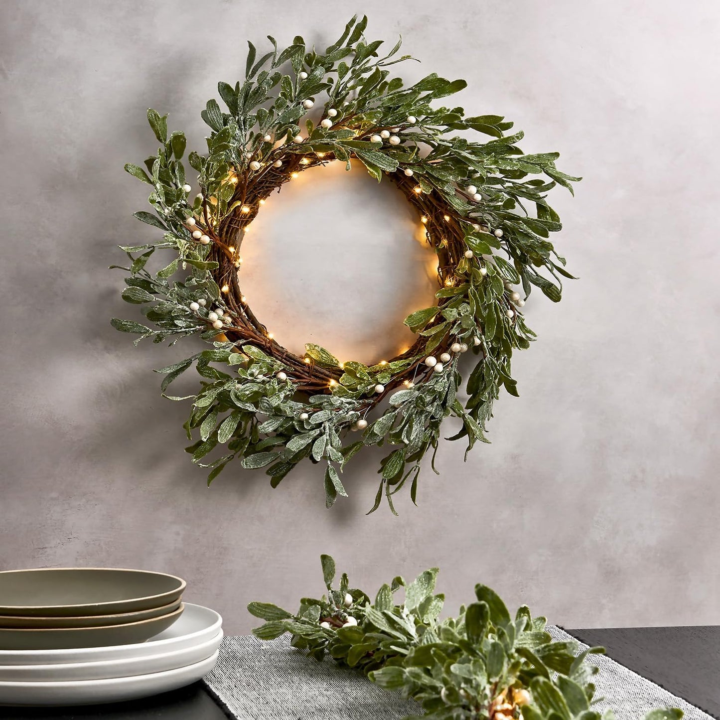 Winter Wreaths for Front Door Outside, 20 Inch Flocked Wreath with Mistletoe & Pearly White Berries, 75 LED Lights, Battery Powered, Timer, Farmhouse Wreath, Winter Wreaths for Indoors