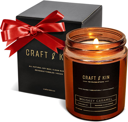 Christmas Scented Candles for Men | Premium Whiskey Caramel Winter Candle | All-Natural Scent for Home | Long Lasting Holiday Candles with 45 Hour Burn Time, 8Oz