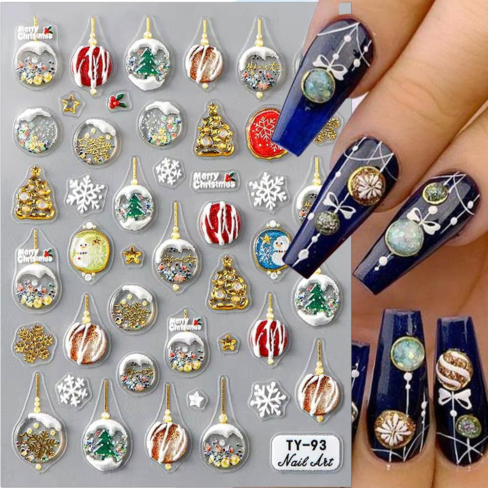 5D Embossed Christmas Nail Stickers Xmas Crystal Ball Nail Sticker Christmas Nail Decals for Nail Art Supplies Winter Snowfalkes Snowman Christmas Tree Holiday Nail Art Stickers Nail Accessories