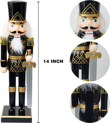 14" Festive Black Soldier Nutcracker - Wooden Decorative Figure with Sword for Holiday Indoor Table & Fireplace Decor